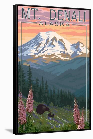 Bear and Cubs Spring Flowers - Mount Denali, Alaska-Lantern Press-Framed Stretched Canvas