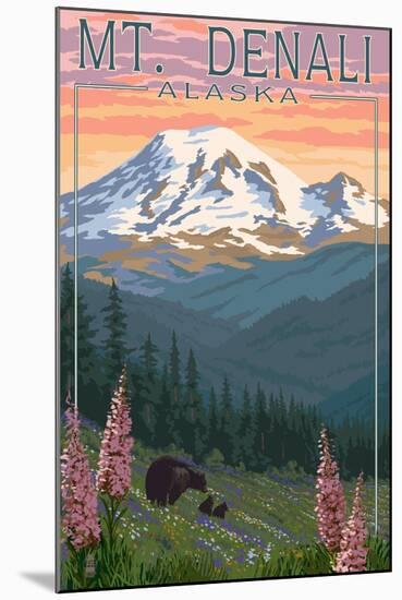 Bear and Cubs Spring Flowers - Mount Denali, Alaska-Lantern Press-Mounted Art Print