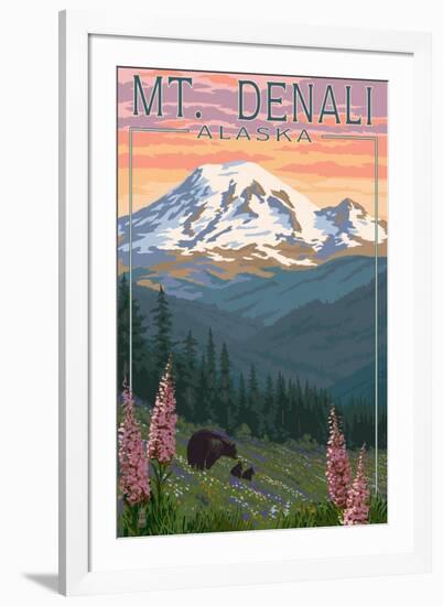 Bear and Cubs Spring Flowers - Mount Denali, Alaska-Lantern Press-Framed Art Print