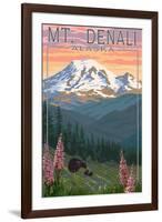 Bear and Cubs Spring Flowers - Mount Denali, Alaska-Lantern Press-Framed Art Print