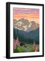 Bear and Spring Flowers-Lantern Press-Framed Art Print