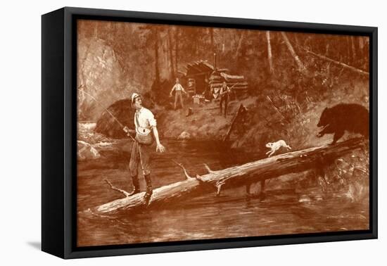 Bear approaches fishermen in the woods-Henry Marriott Paget-Framed Stretched Canvas