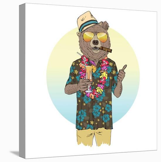 Bear Dressed up in Hawaiin Shirt with Cocktail-Olga_Angelloz-Stretched Canvas