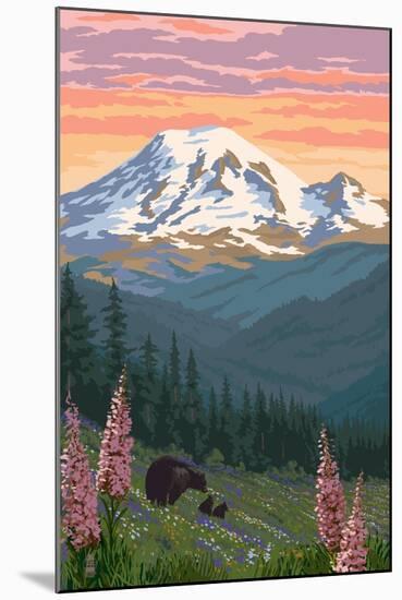 Bear Family and Spring Flowers (Rainier Background)-Lantern Press-Mounted Art Print