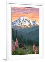 Bear Family and Spring Flowers (Rainier Background)-Lantern Press-Framed Art Print