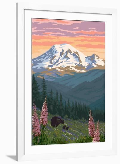 Bear Family and Spring Flowers (Rainier Background)-Lantern Press-Framed Art Print