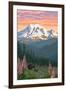 Bear Family and Spring Flowers (Rainier Background)-Lantern Press-Framed Art Print