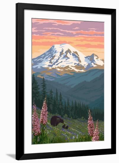 Bear Family and Spring Flowers (Rainier Background)-Lantern Press-Framed Art Print