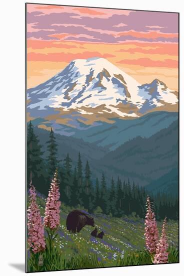 Bear Family and Spring Flowers (Rainier Background)-Lantern Press-Mounted Art Print