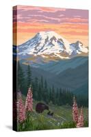 Bear Family and Spring Flowers (Rainier Background)-Lantern Press-Stretched Canvas