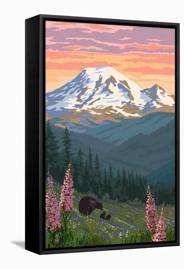Bear Family and Spring Flowers (Rainier Background)-Lantern Press-Framed Stretched Canvas