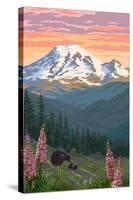 Bear Family and Spring Flowers (Rainier Background)-Lantern Press-Stretched Canvas