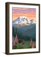 Bear Family and Spring Flowers (Rainier Background)-Lantern Press-Framed Art Print