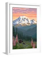 Bear Family and Spring Flowers (Rainier Background)-Lantern Press-Framed Art Print