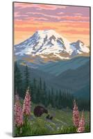 Bear Family and Spring Flowers (Rainier Background)-Lantern Press-Mounted Art Print