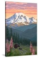 Bear Family and Spring Flowers (Rainier Background)-Lantern Press-Stretched Canvas