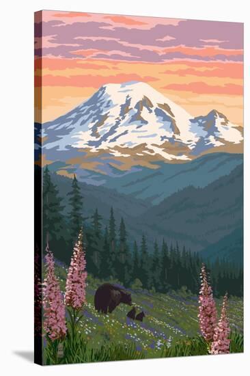 Bear Family and Spring Flowers (Rainier Background)-Lantern Press-Stretched Canvas