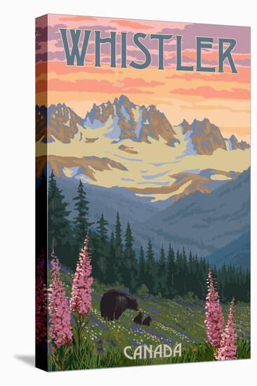 Bear Family and Spring Flowers - Whistler, Canada-Lantern Press-Stretched Canvas