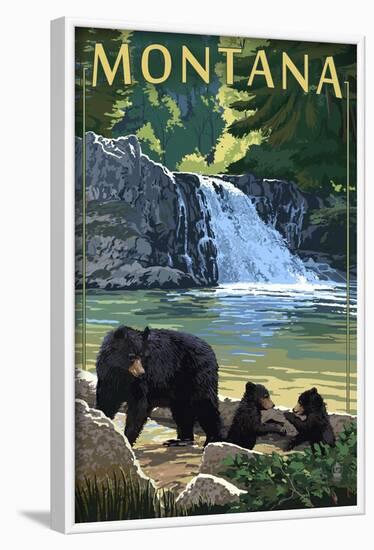 Bear Family and Waterfall - Montana-Lantern Press-Framed Art Print