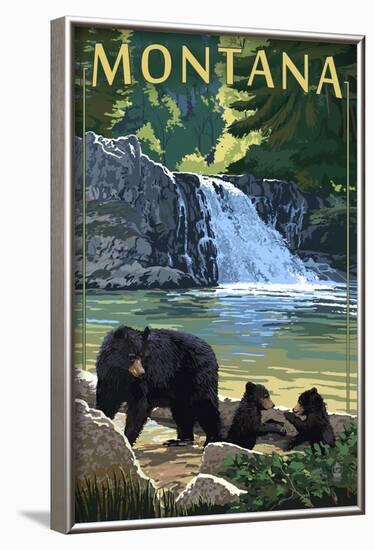 Bear Family and Waterfall - Montana-Lantern Press-Framed Art Print