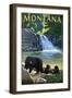 Bear Family and Waterfall - Montana-Lantern Press-Framed Art Print