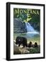 Bear Family and Waterfall - Montana-Lantern Press-Framed Art Print