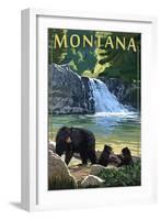 Bear Family and Waterfall - Montana-Lantern Press-Framed Art Print