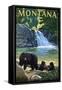 Bear Family and Waterfall - Montana-Lantern Press-Framed Stretched Canvas