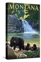 Bear Family and Waterfall - Montana-Lantern Press-Stretched Canvas