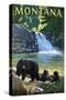 Bear Family and Waterfall - Montana-Lantern Press-Stretched Canvas