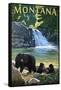 Bear Family and Waterfall - Montana-Lantern Press-Framed Stretched Canvas