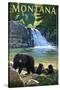 Bear Family and Waterfall - Montana-Lantern Press-Stretched Canvas