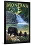 Bear Family and Waterfall - Montana-Lantern Press-Framed Art Print