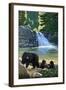 Bear Family and Waterfall-Lantern Press-Framed Art Print