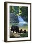 Bear Family and Waterfall-Lantern Press-Framed Art Print