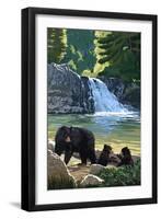 Bear Family and Waterfall-Lantern Press-Framed Art Print