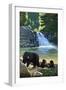 Bear Family and Waterfall-Lantern Press-Framed Art Print