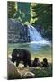 Bear Family and Waterfall-Lantern Press-Mounted Art Print