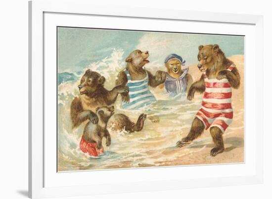 Bear Family Frolicking in Surf-null-Framed Art Print