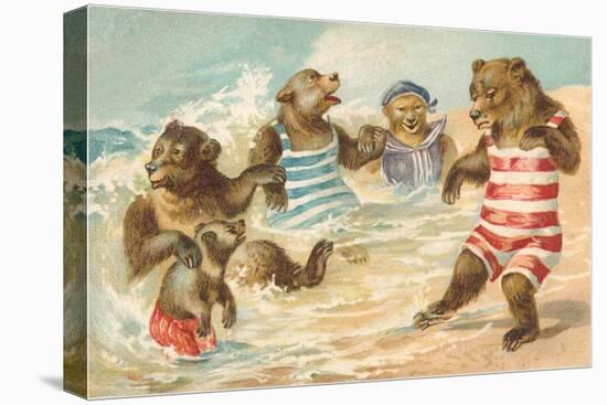 Bear Family Frolicking in Surf-null-Stretched Canvas