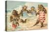 Bear Family Frolicking in Surf-null-Stretched Canvas