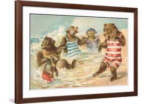 Bear Family Frolicking in Surf-null-Framed Premium Giclee Print
