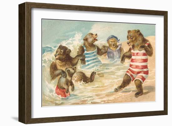 Bear Family Frolicking in Surf-null-Framed Art Print