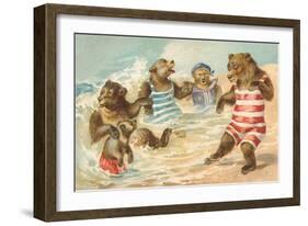 Bear Family Frolicking in Surf-null-Framed Art Print