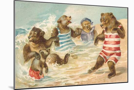 Bear Family Frolicking in Surf-null-Mounted Art Print
