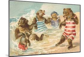Bear Family Frolicking in Surf-null-Mounted Art Print