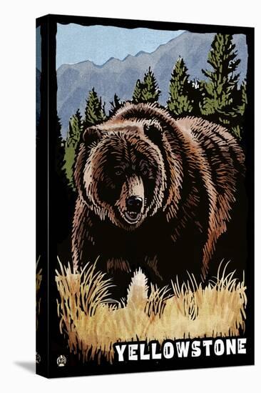 Bear Family - Grizzly Bear Scratchboard-Lantern Press-Stretched Canvas