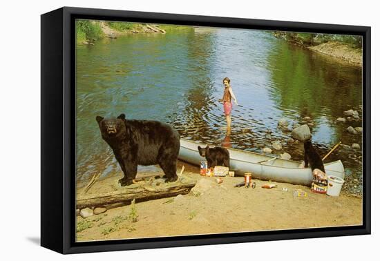 Bear Family in Canoe, Kid Screaming-null-Framed Stretched Canvas