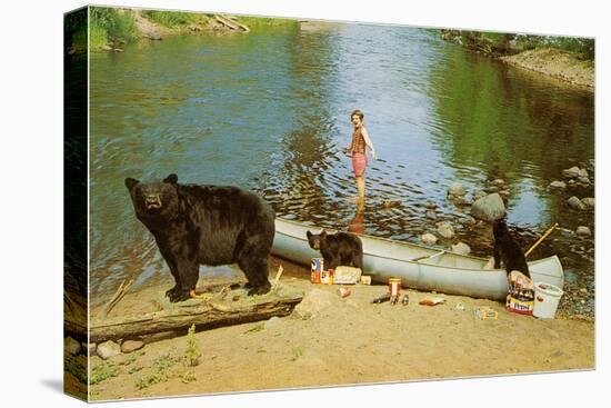 Bear Family in Canoe, Kid Screaming-null-Stretched Canvas