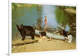 Bear Family in Canoe, Kid Screaming-null-Framed Art Print